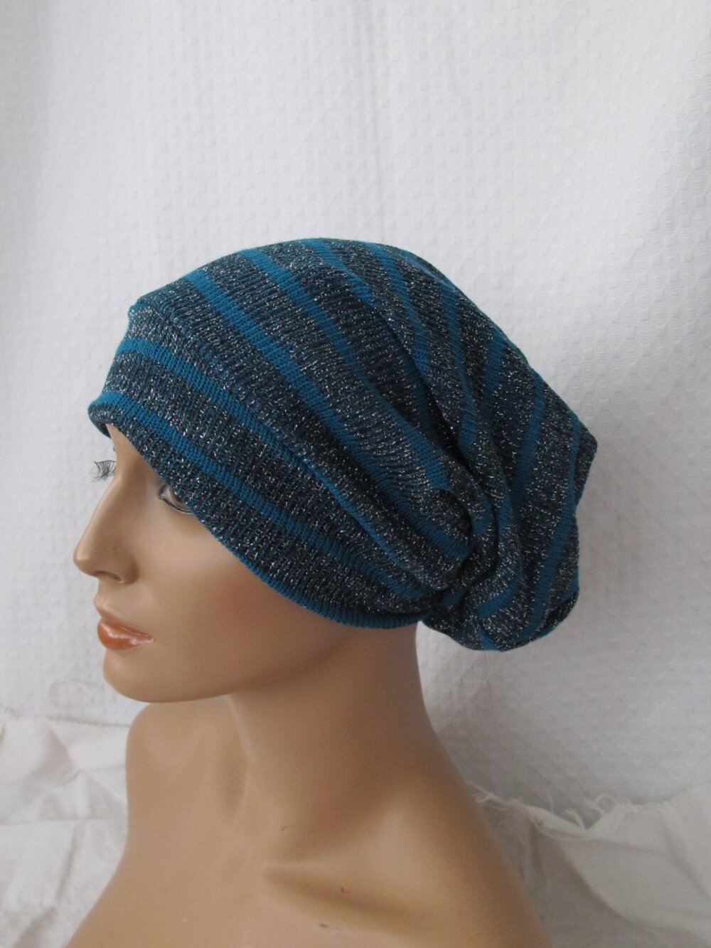 Handmade Teal Sparkle Stripe Slouch Beanie